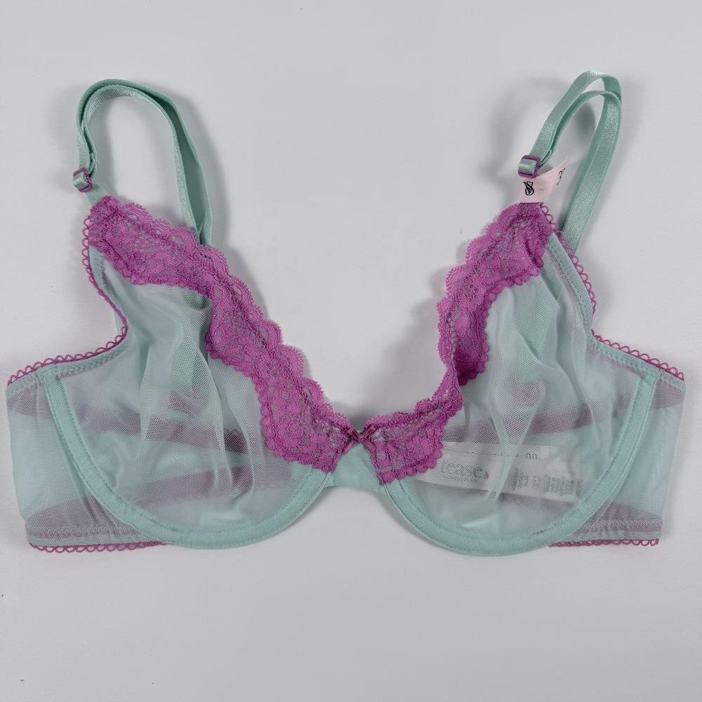 Victoria's Secret Tease Unlined Demi Bra Aqua Mint Sheer Mesh Pink Lace 34B NWT